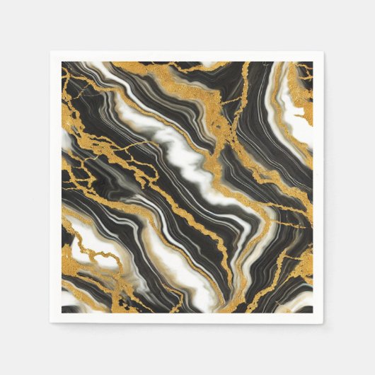 Serviette En Papier Mariage Glam Chic Marbre Noir Blanc Or (Devant)