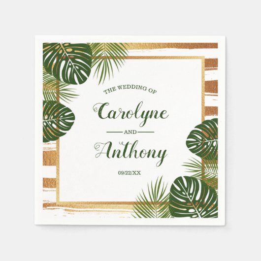 Serviette En Papier Mariage Gold Foil & Green Palm Leaf Beach (Devant)
