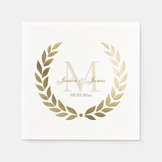 Serviette En Papier Mariage Gold Laurel Wreath Monogramme Blanc (Devant)