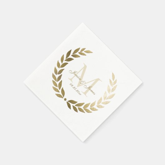 Serviette En Papier Mariage Gold Laurel Wreath Monogramme Blanc (Coin)