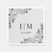 Serviette En Papier mariage gris noir monogramme minimal botanique (Devant)