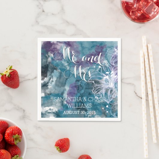 SERVIETTE EN PAPIER MARIAGE HIBISCUS EN COULEUR D'EAU BLEU (En situation)