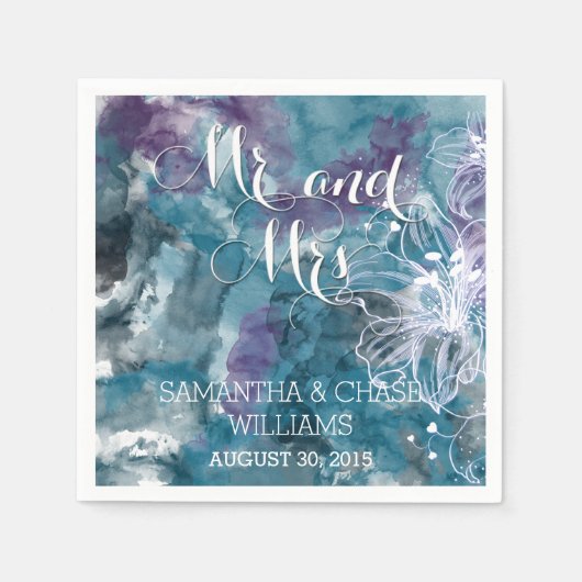 SERVIETTE EN PAPIER MARIAGE HIBISCUS EN COULEUR D'EAU BLEU (Devant)