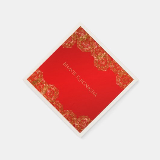 Serviette En Papier Mariage indien de fleurs rouge et or Napkin (Coin)