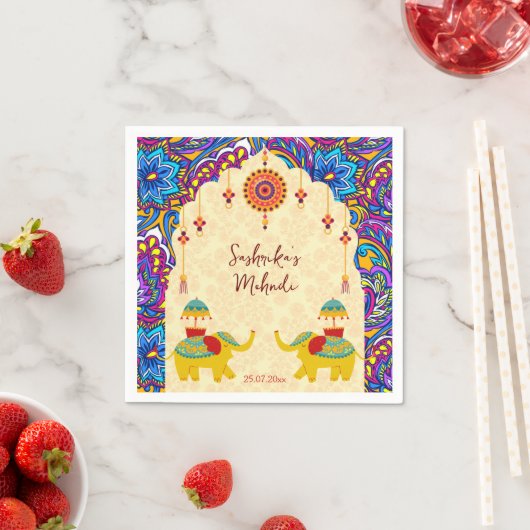 Serviette En Papier Mariage indien éléphants bleu motif personnalisé (En situation)