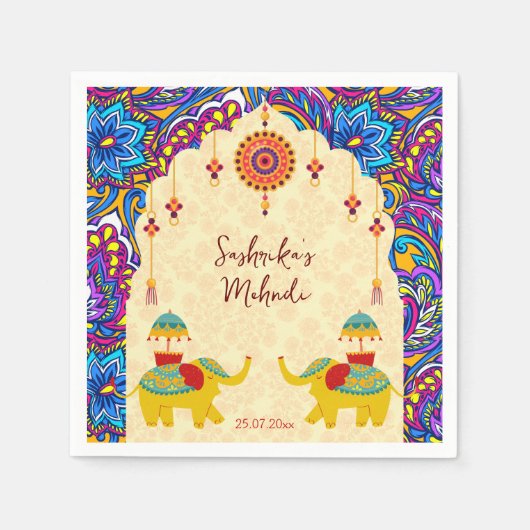 Serviette En Papier Mariage indien éléphants bleu motif personnalisé (Devant)