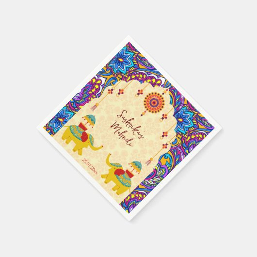 Serviette En Papier Mariage indien éléphants bleu motif personnalisé (Coin)