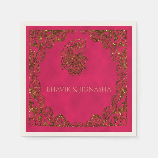 Serviette En Papier Mariage indien Pink and Gold Peacock Napkin (Devant)