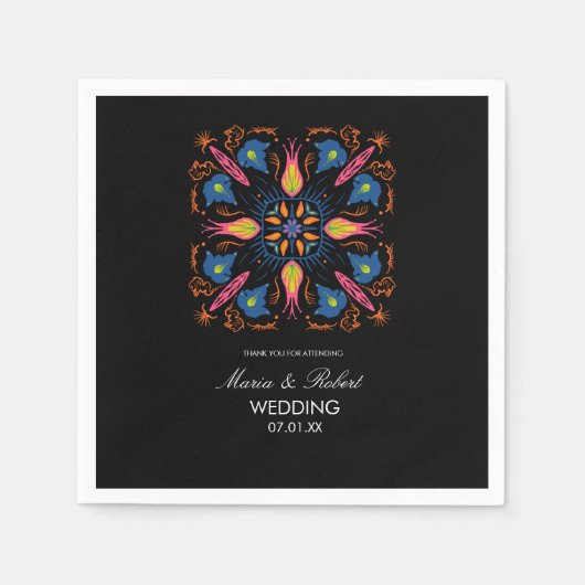 Serviette En Papier Mariage indien Thème Eléphant Floral Noir (Devant)