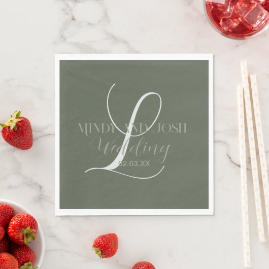 Serviette En Papier Mariage initial romantique Sage vert Script (En situation)