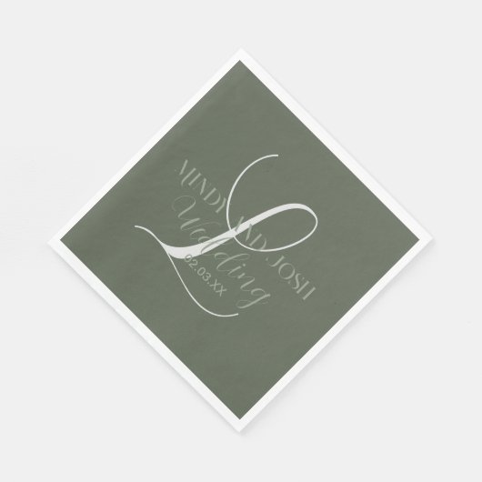 Serviette En Papier Mariage initial romantique Sage vert Script (Coin)