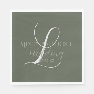 Serviette En Papier Mariage Initiale Vert Sage Écriture Romantique