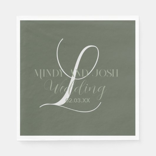 Serviette En Papier Mariage Initiale Vert Sage Écriture Romantique (Devant)