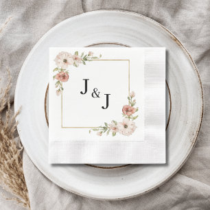 Serviette En Papier Mariage Initiales Cadre Fleurs Épanouies Rose Pâle