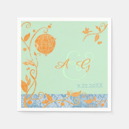 Serviette En Papier Mariage Inséparable vert et orange (Devant)