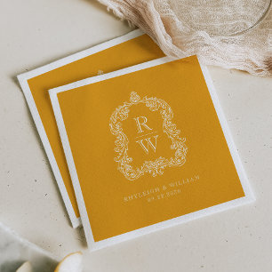 Serviette En Papier Mariage Jaune Souci Crête Monogramme Vintage