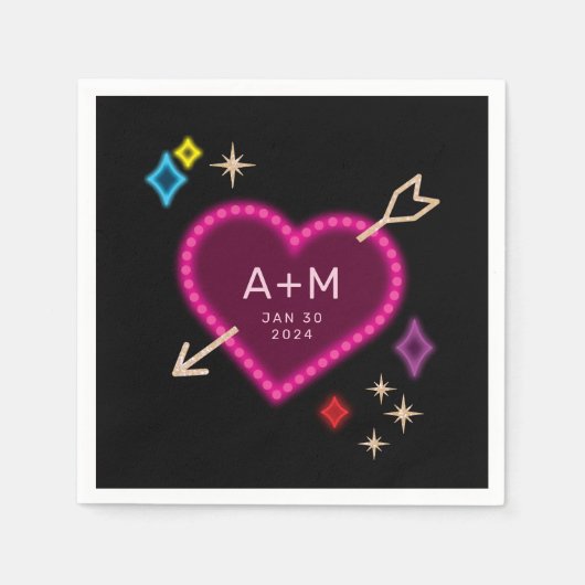 Serviette En Papier Mariage Las Vegas Neon Heart and Stars (Devant)