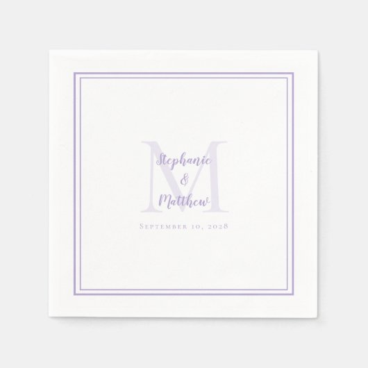Serviette En Papier Mariage Lavande Monogramme Initiale & Noms Moderne (Devant)