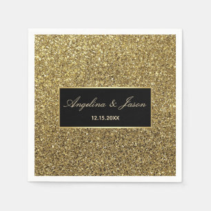 Serviette En Papier Mariage Luxueux Élégant Paillettes Noires et Dorée