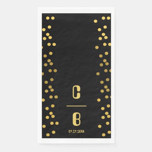 Serviette En Papier Mariage Luxueux Noir Et Or Monogrammé (Devant)