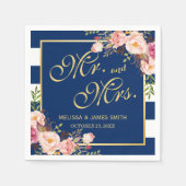 Serviette En Papier Mariage M. et Mme Floral Gold Navy Blue Stripes (Devant)