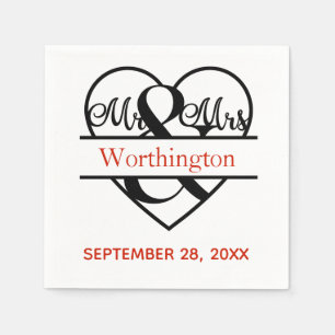 Serviette En Papier Mariage M. et Mme Rouge Noir Monogramme 