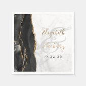 Serviette En Papier Mariage Marbre Noir Agate Geode Script Or (Devant)