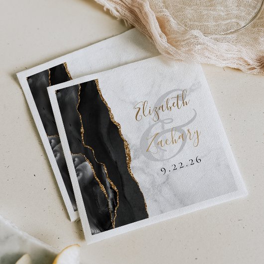 Serviette En Papier Mariage Marbre Noir Agate Geode Script Or