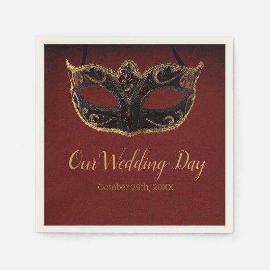 Serviette En Papier Mariage mascarade rouge et or (Devant)