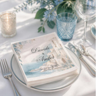 Serviette En Papier Mariage Méditerranéen au bord de la mer Bleu et Bl