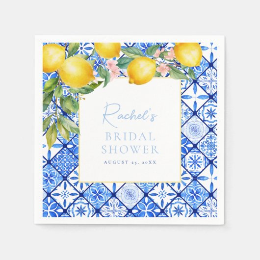 Serviette En Papier Mariage Méditerranéen Citron Carreaux Bleus (Devant)
