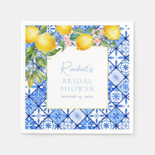 Serviette En Papier Mariage Méditerranéen Citrons Carreaux Bleus