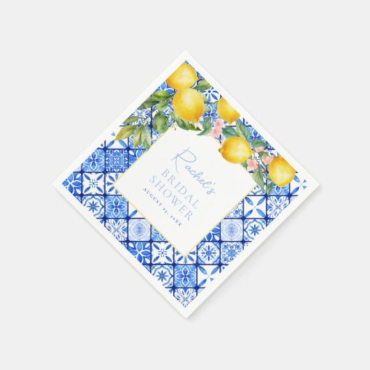 Serviette En Papier Mariage Méditerranéen Citrons Carreaux Bleus (Coin)