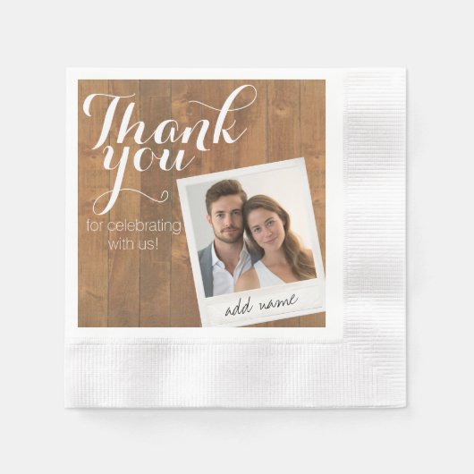 Serviette En Papier Mariage Merci Cadre Photo et Bois Rustique (Devant)