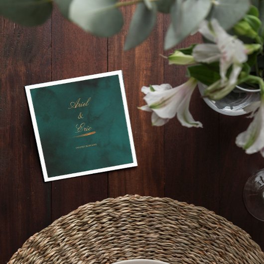 Serviette En Papier Mariage minimal Emerald Green et Gold Script