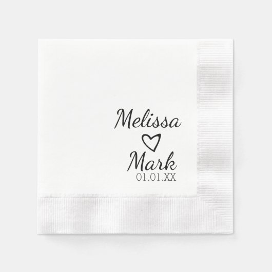 Serviette En Papier Mariage minimal simple Coeur noir blanc Monogramme (Devant)