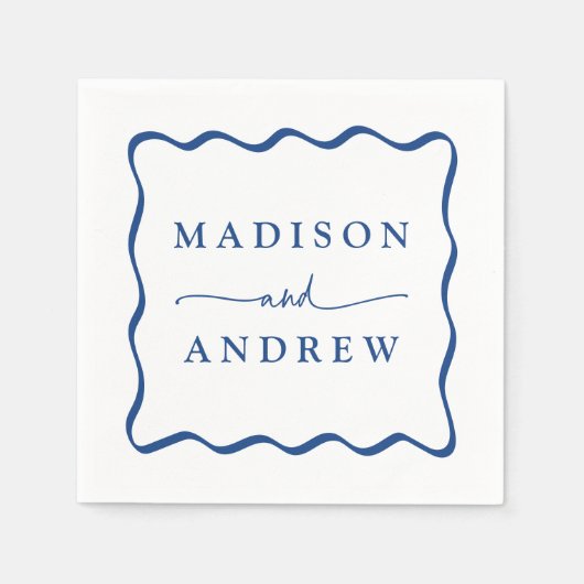 Serviette En Papier Mariage moderne à cadre bleu vague (Devant)