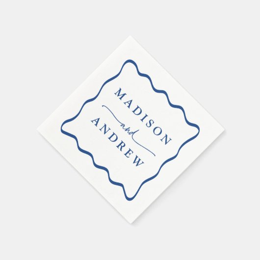 Serviette En Papier Mariage moderne à cadre bleu vague (Coin)