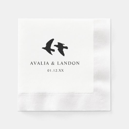 Serviette En Papier Mariage moderne aux oiseaux noirs et blancs (Devant)