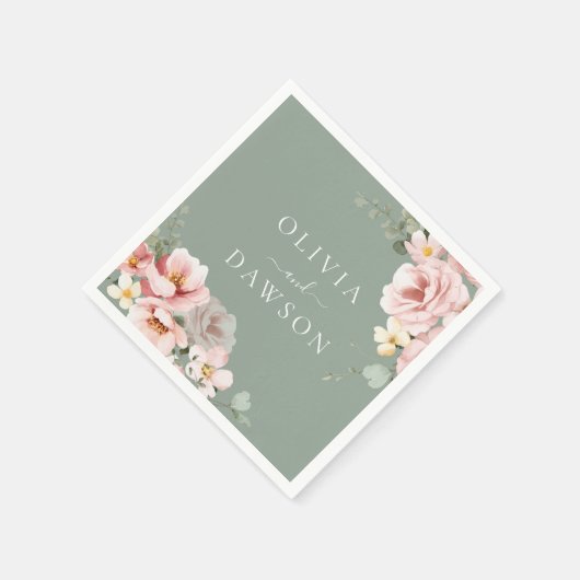 Serviette En Papier Mariage moderne Blush & Sage Green (Coin)