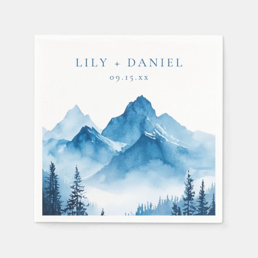 Serviette En Papier Mariage moderne Boho Blue Watercolor Mountains (Devant)