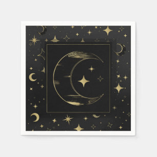 Serviette En Papier Mariage moderne céleste lune étoiles noir et or