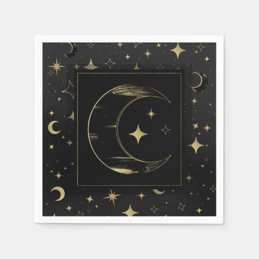 Serviette En Papier Mariage Moderne Céleste Lune Étoiles Noir & Or (Devant)