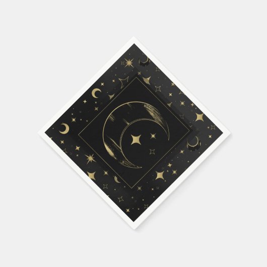 Serviette En Papier Mariage Moderne Céleste Lune Étoiles Noir & Or (Coin)