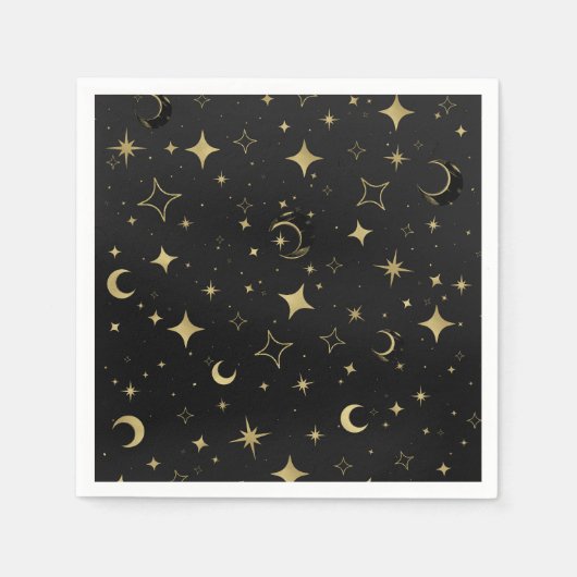 Serviette En Papier Mariage Moderne Céleste Lune Étoiles Noir & Or (Devant)