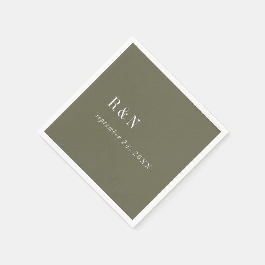 Serviette En Papier Mariage moderne chic Olive Green Monogram (Coin)