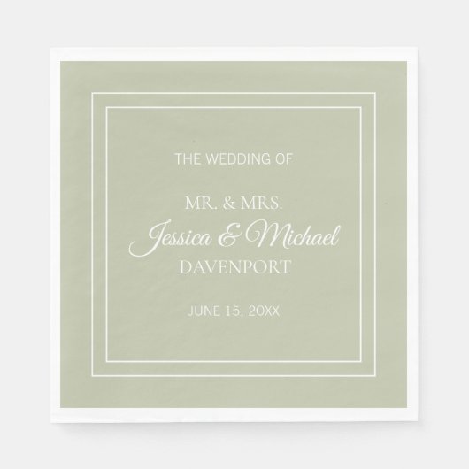 Serviette En Papier Mariage Moderne Élégant Écriture Vert Sauge Blanc (Devant)
