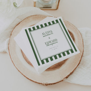 Serviette En Papier Mariage Moderne Élégant Rayé Vert Olive Script