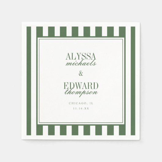 Serviette En Papier Mariage Moderne Élégant Rayé Vert Olive Script (Devant)