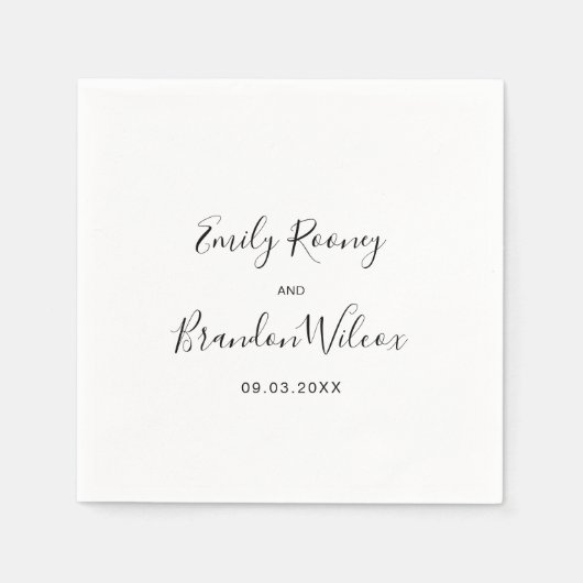 Serviette En Papier Mariage Moderne Élégant Script Noir et Blanc (Devant)
